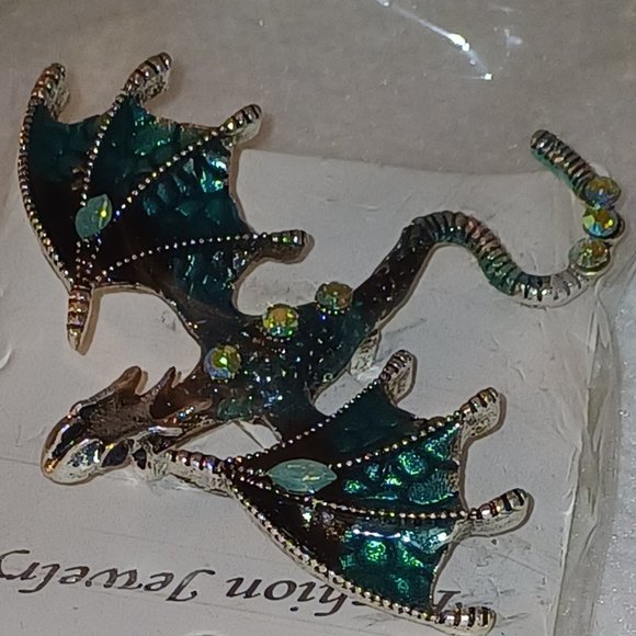 NWT Dragon Flying Pteradactyl Pin Brooch Metallic Halloween Jewelry AQUA BLUE - Picture 2 of 12